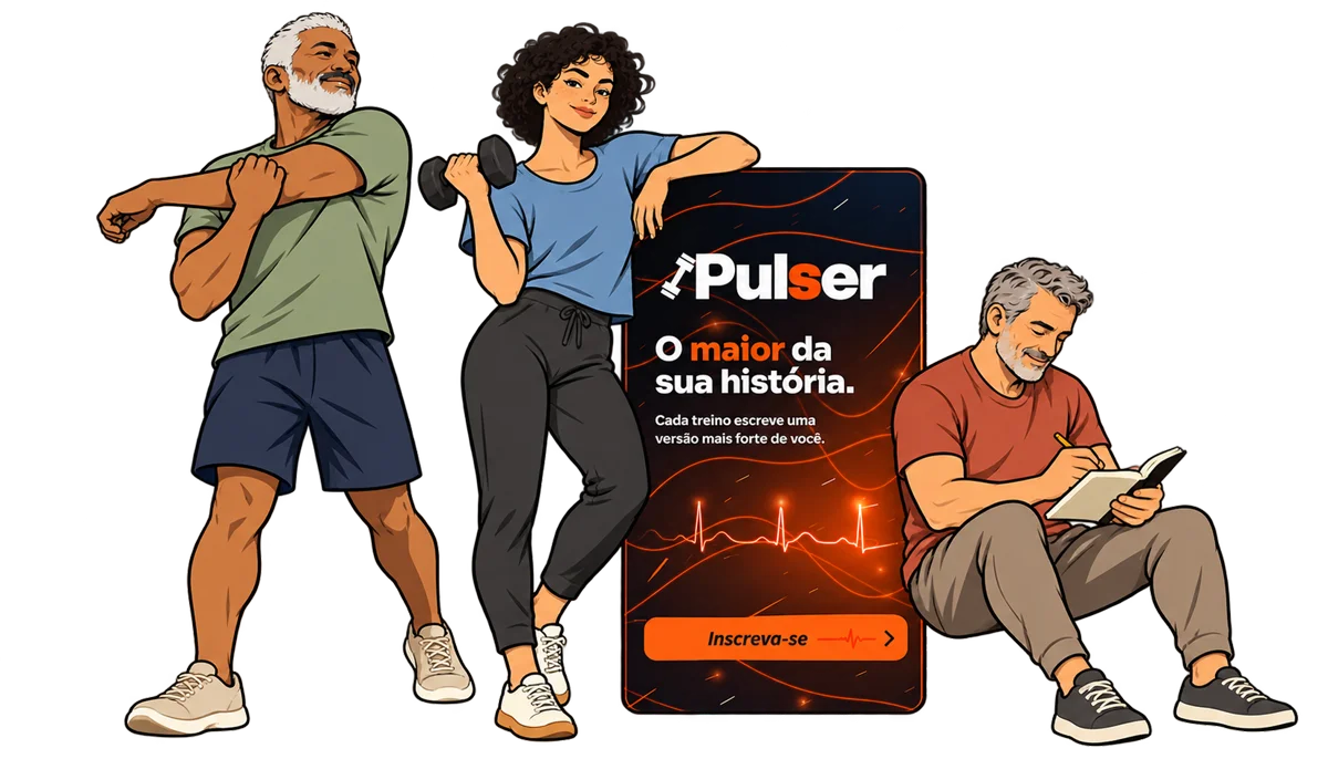 Ilustração: três pessoas treinando ao lado de um celular com o app Pulser aberto na frase “O maior da sua história.”